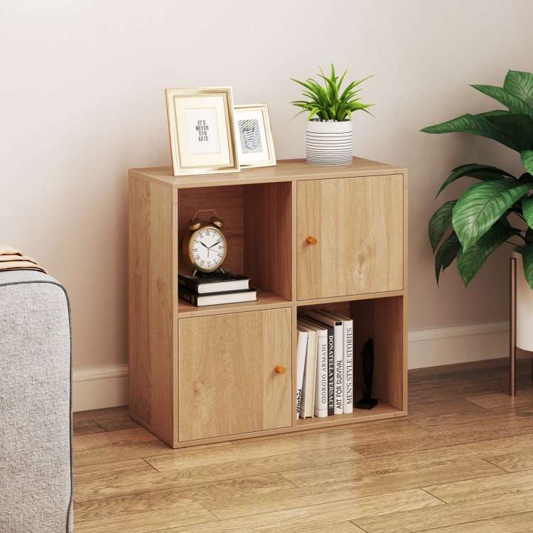 Natural 4-cube bookcase with two cabinets and spacious top, perfect for corner storage in any room.