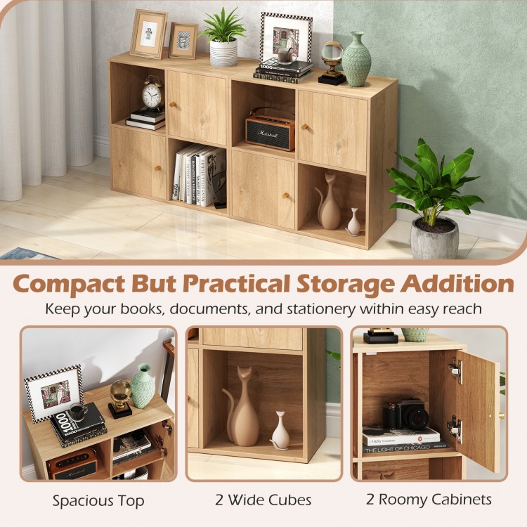 4-cube bookcase in natural finish featuring spacious top, 2 wide cubes, and 2 cabinets for practical storage solutions.