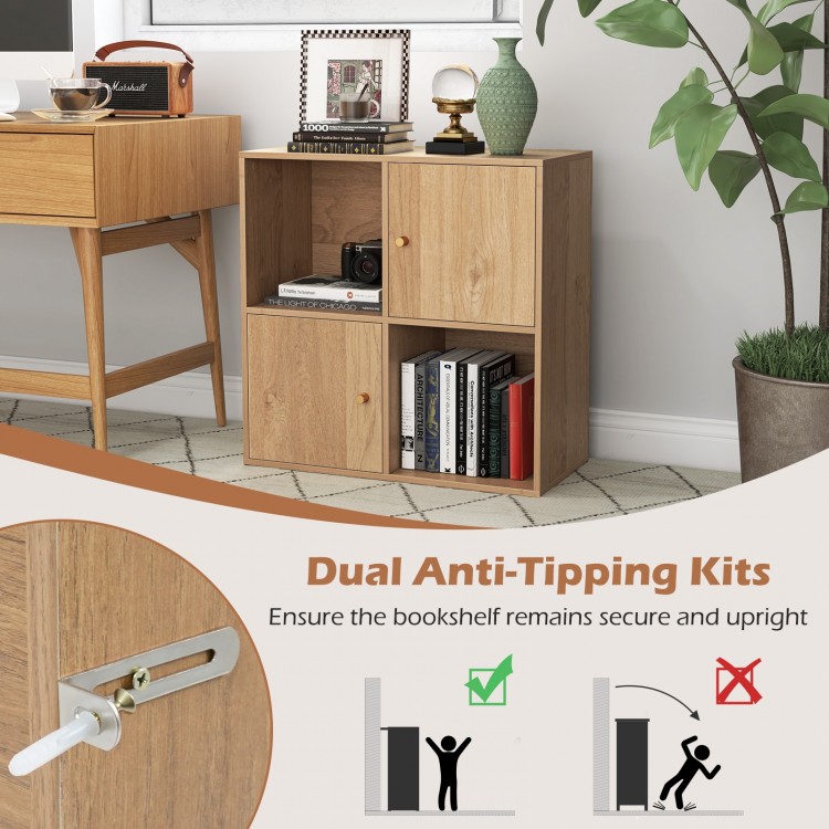 4-cube bookcase in natural finish with dual anti-tipping kits, featuring 2 cabinets and spacious storage for any corner.