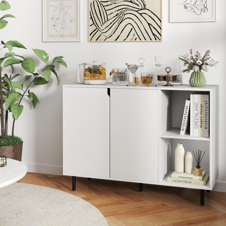 White 42-inch sideboard buffet cabinet with adjustable shelves, soft close hinges, and elegant cut-out handles for.