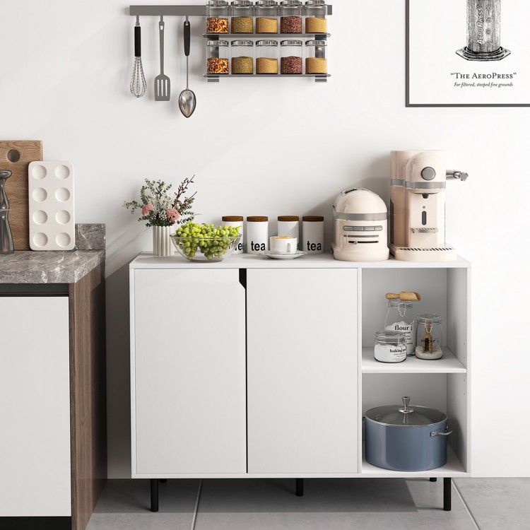 White 42-inch sideboard buffet cabinet with adjustable shelves, ideal for kitchen organization and stability.