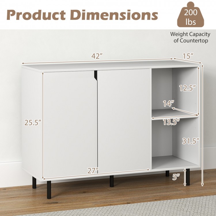 Dimensions of the 42-inch white sideboard buffet cabinet with adjustable shelves, suitable for kitchen and living room.