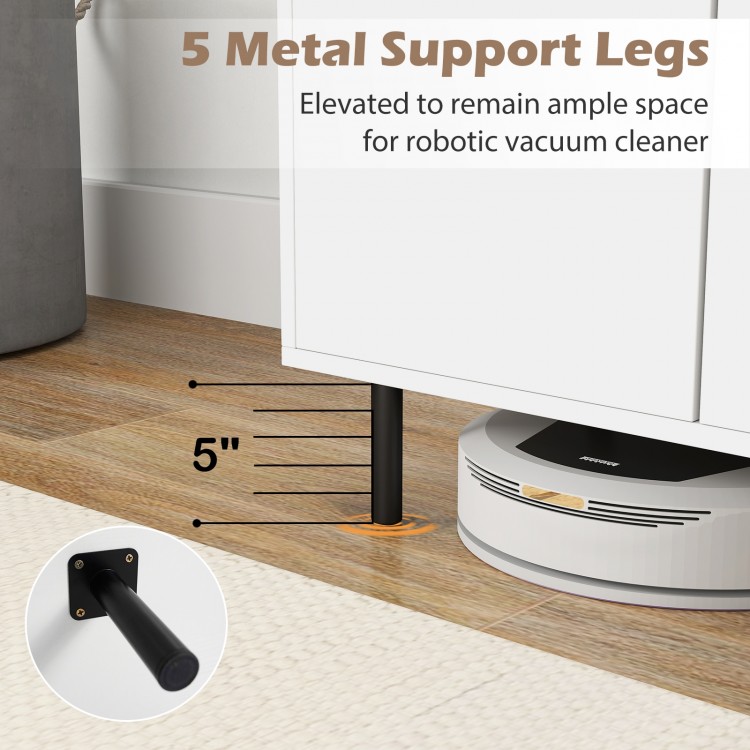42-inch white sideboard buffet cabinet with 5 metal support legs, elevated for robotic vacuum cleaner access.