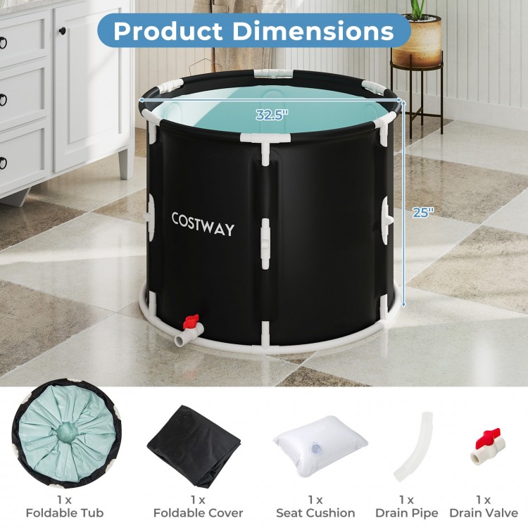 Foldable ice bath tub with lid, 66-gallon capacity, featuring sturdy support rods and a protective cover for outdoor.