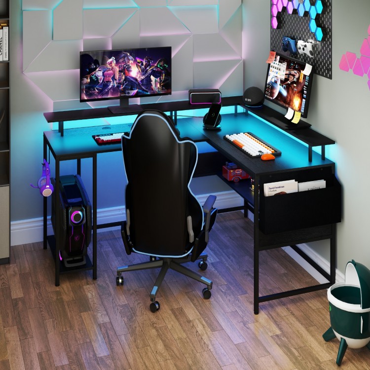 L-shaped gaming desk in black with LED lights, adjustable features, and ample storage for an organized gaming setup.
