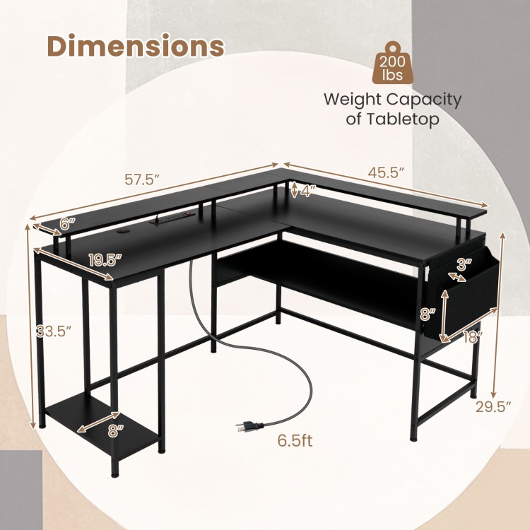 L-shaped gaming desk in black with LED lights, power outlets, and adjustable features for optimal workspace.