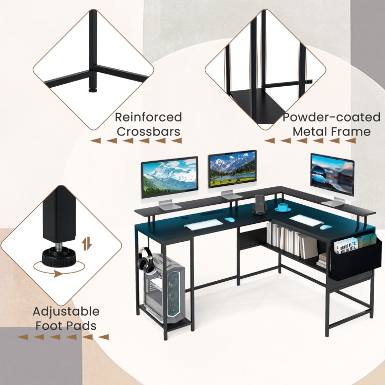 L-shaped gaming desk in black with LED lights, power outlets, and adjustable foot pads for enhanced stability and.