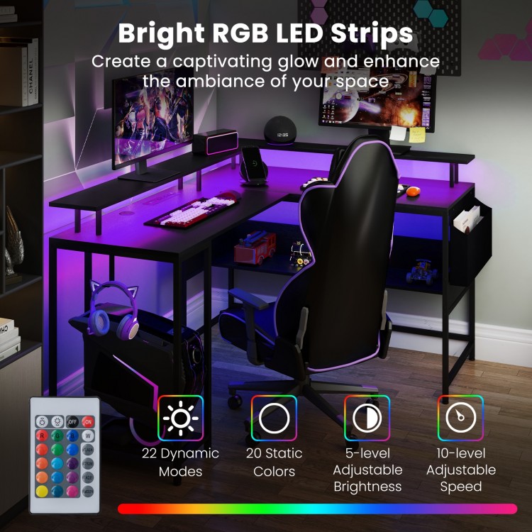 L-shaped gaming desk with LED lights, featuring adjustable brightness and power outlets, perfect for home office or.
