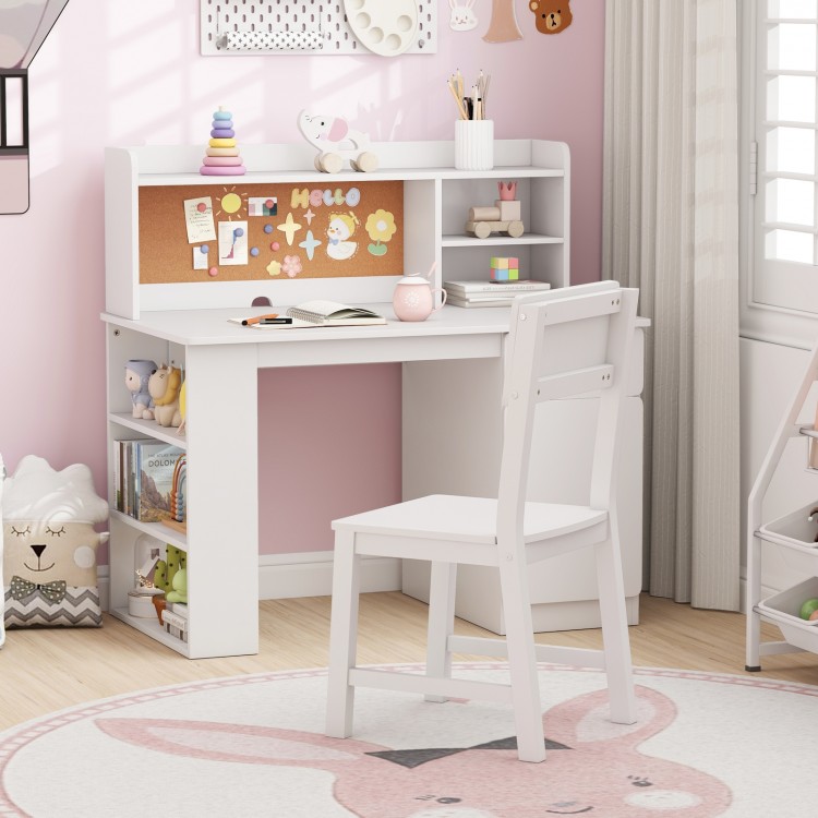 Kids desk and chair set in white with hutch, cork board, and side shelf, perfect for study and play in a child's room.