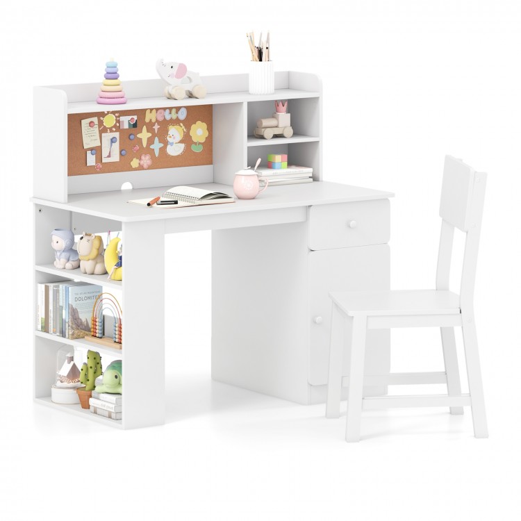 Kids desk and chair set in white with hutch, cork board, and 3-layer side shelf for organized study space.