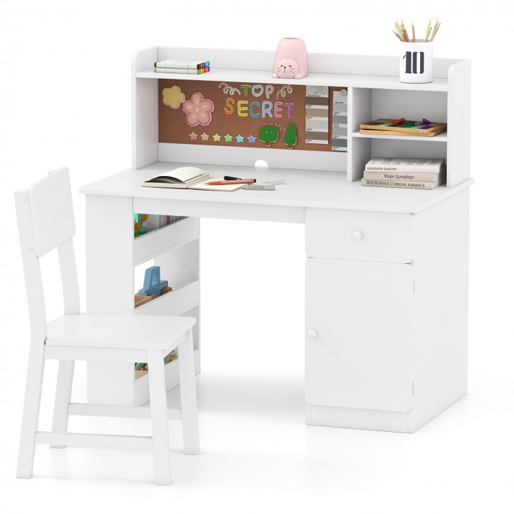 Kids desk and chair set in white with hutch, cork board, and 3-layer side shelf, perfect for study and play.