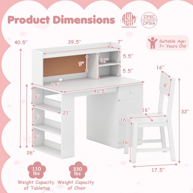 Product dimensions for kids desk and chair set in white, showcasing storage features and ideal for children's study.