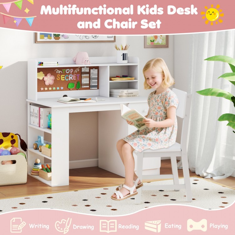 Kids desk and chair set in white with hutch, ideal for reading and writing, perfect for children's rooms.