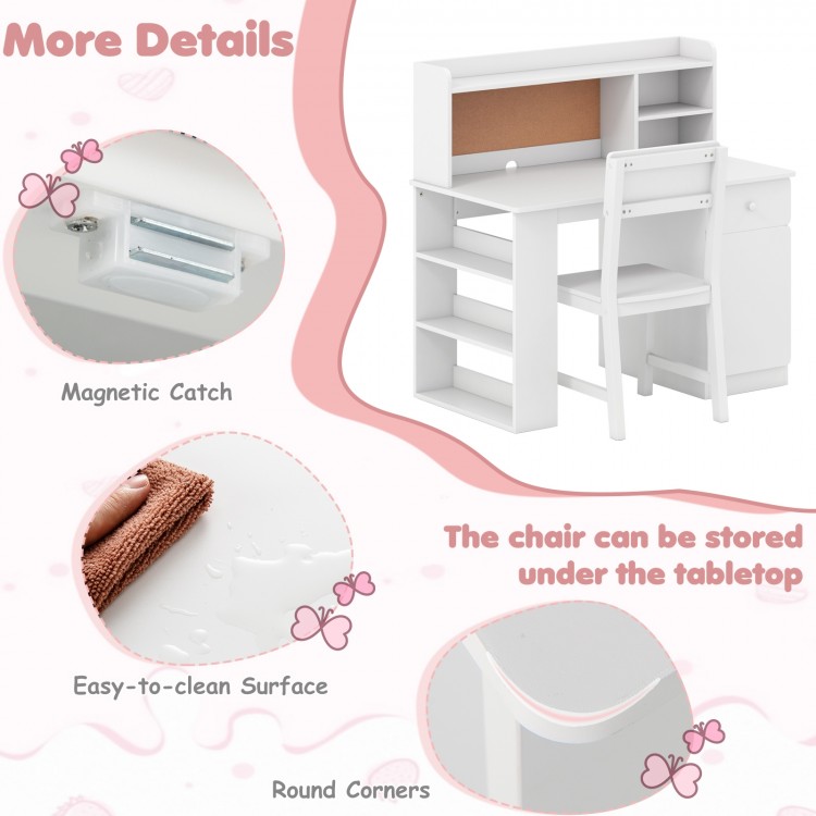 Kids desk and chair set in white with hutch, featuring storage options, easy-to-clean surface, and round corners.