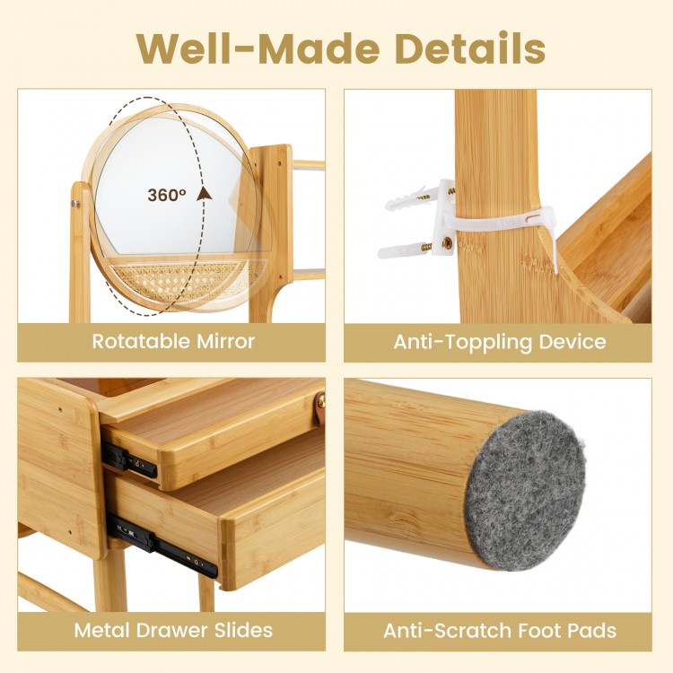 Rotatable mirror and metal drawer slides of the 23.5-inch bamboo vanity desk with anti-scratch foot pads for compact.