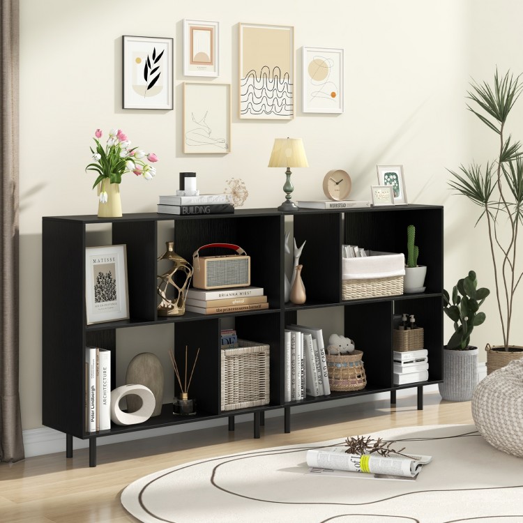 Open shelf bookcase in black with 4 compartments, featuring metal legs and anti-tipping kits for stability and safety.