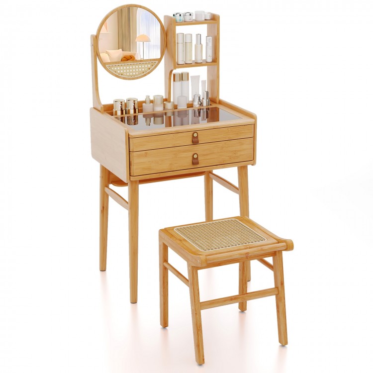 Small bamboo vanity desk with mirror, 2 drawers, and stool, ideal for compact spaces and organized storage.