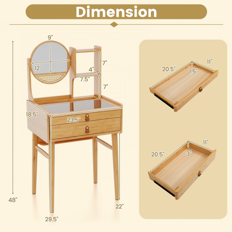 Small vanity desk with mirror and two drawers, made of bamboo, featuring a glass tabletop for easy item visibility.
