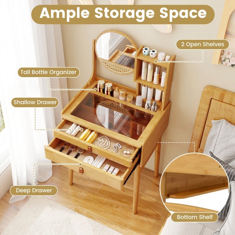 Small vanity desk with mirror, bamboo material, 2 drawers, and ample storage space for cosmetics and accessories.