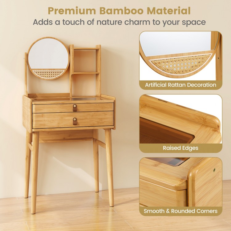 Small vanity desk with mirror and two drawers, made of bamboo, featuring smooth edges and ample storage for compact.