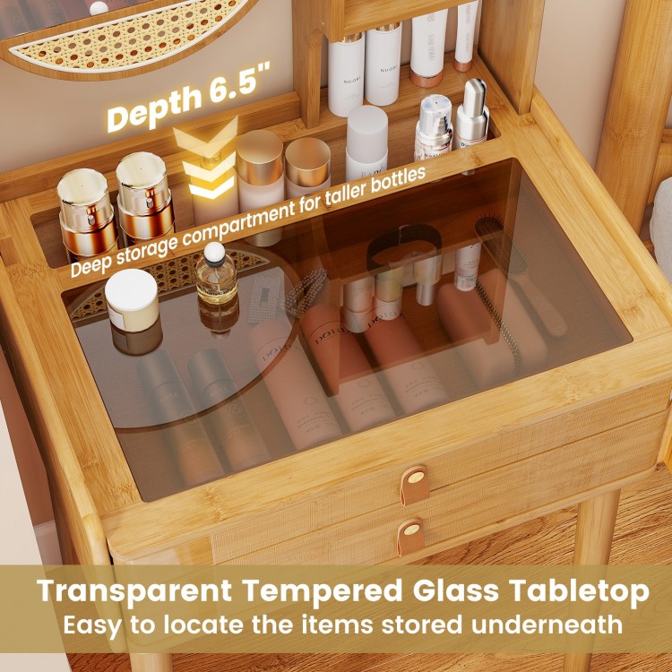 Small vanity desk with transparent tempered glass tabletop, showcasing deep storage for taller bottles and bamboo.