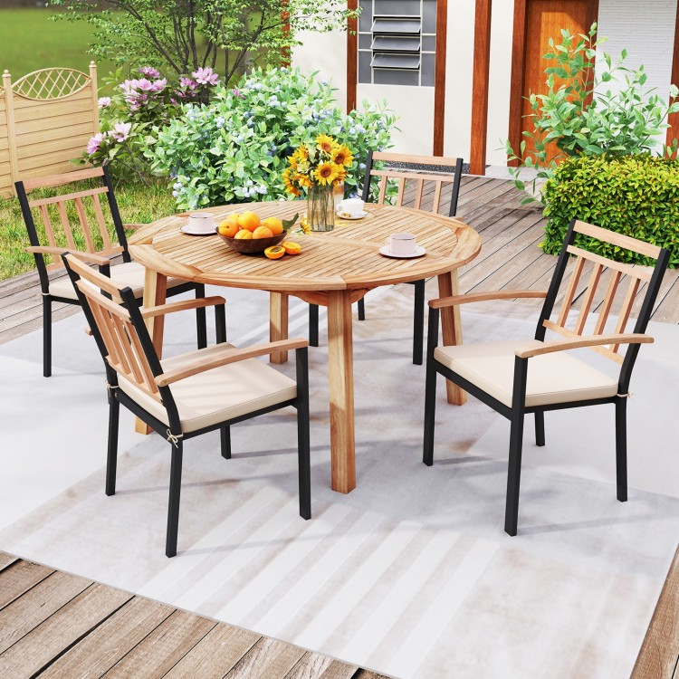 Round 53-inch outdoor acacia wood dining table with 6 chairs, perfect for garden or patio gatherings.