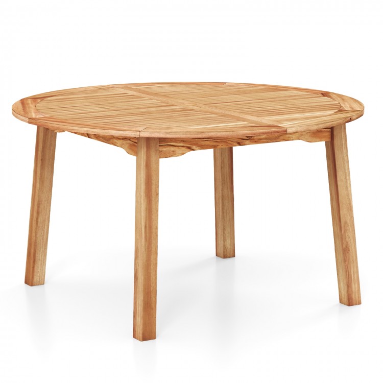Round acacia wood dining table, 53 inches, for 4-6 people, featuring a slatted top and sturdy legs, ideal for outdoor.