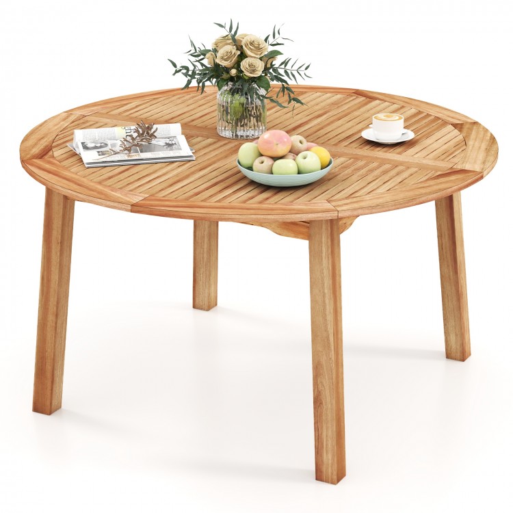 Round 53-inch outdoor acacia wood dining table for 4-6 people, featuring a slatted top and sturdy legs, ideal for.