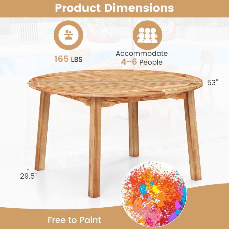 53-inch outdoor acacia wood dining table for 4-6 people, featuring a slatted top and reinforced legs for durability.