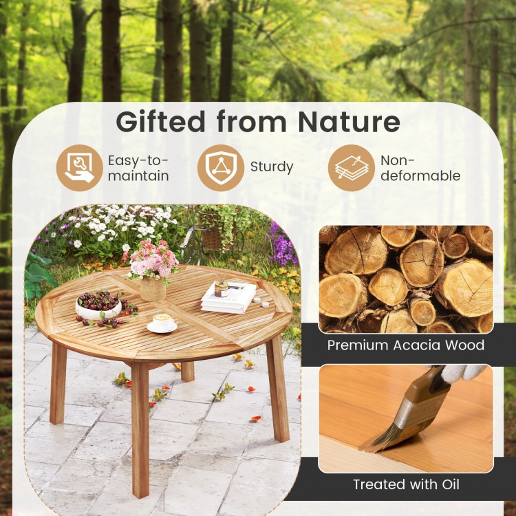 Round 53-inch outdoor dining table made of premium acacia wood, suitable for 4-6 people, ideal for garden or patio use.