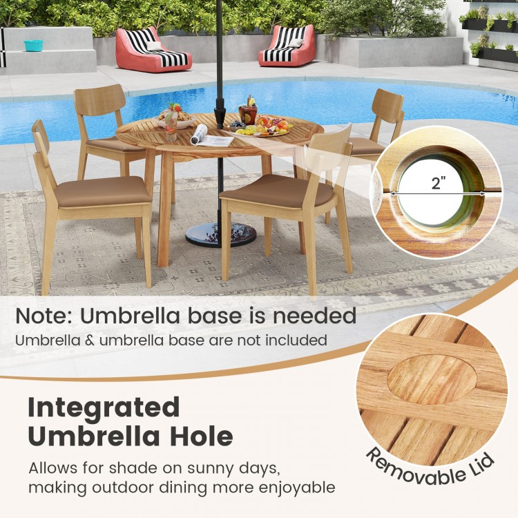 53-inch outdoor acacia wood dining table with integrated umbrella hole, suitable for 4-6 people, ideal for patio dining.