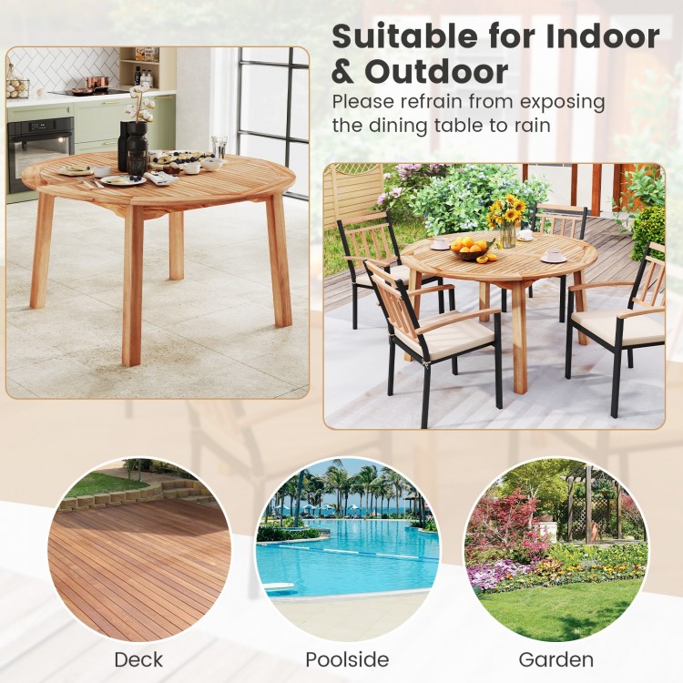 53-inch outdoor acacia wood dining table for 4-6 people, featuring a slatted tabletop and integrated umbrella hole.
