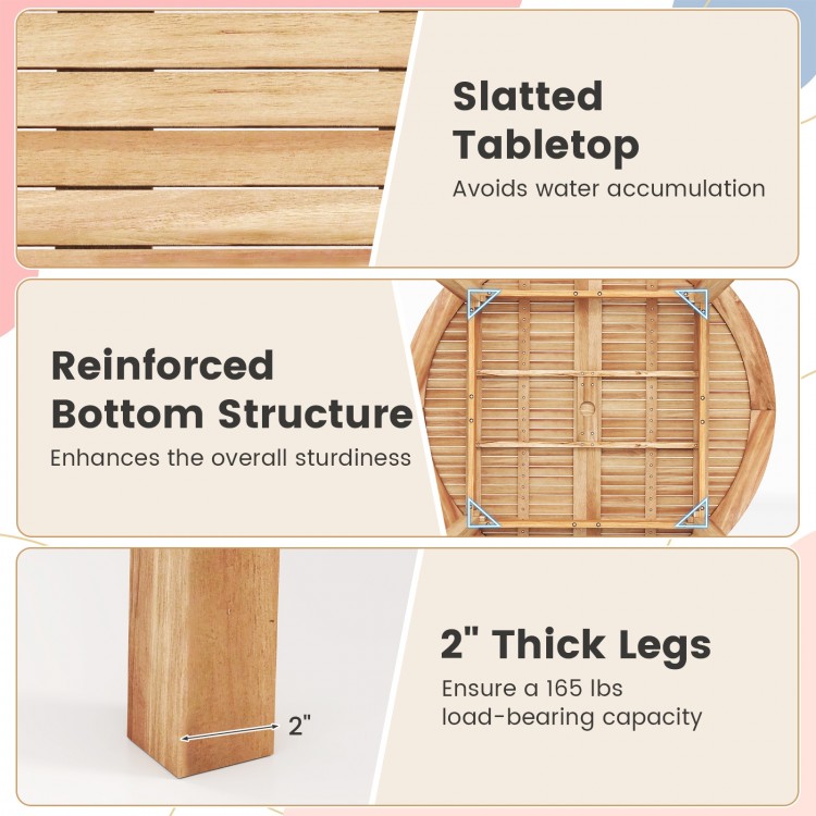 Slatted tabletop of the 53-inch outdoor acacia wood dining table, designed for 4-6 people, prevents water accumulation.