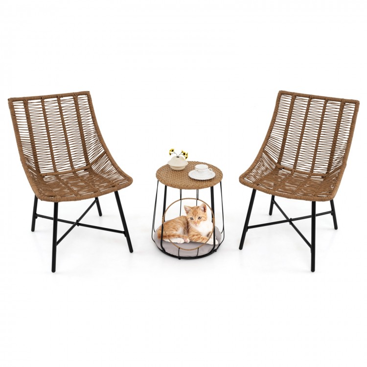 Two ergonomic brown rattan chairs with a side table featuring a pet house, perfect for outdoor patio relaxation.