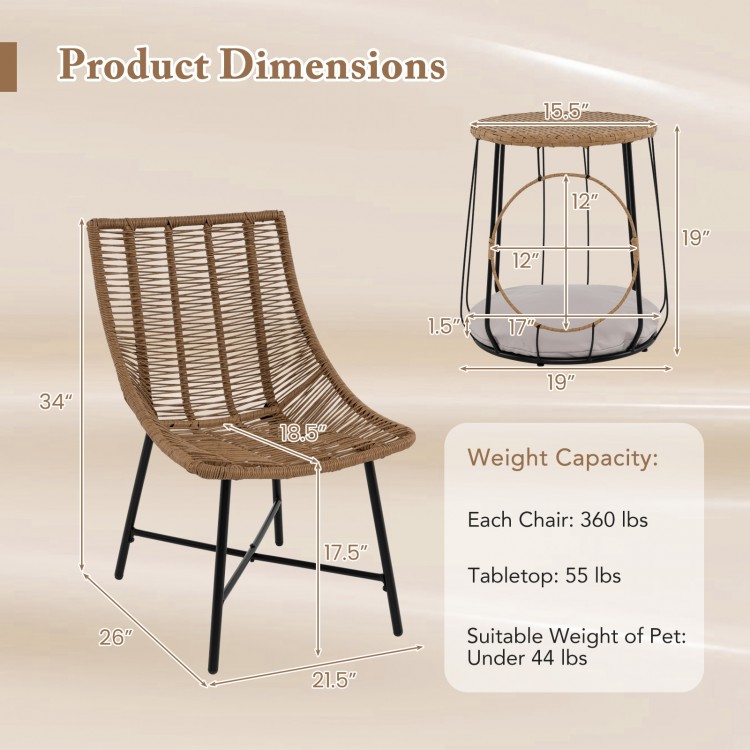 Brown rattan chair and side table with dimensions, featuring ergonomic design and pet-friendly cushion for outdoor use.