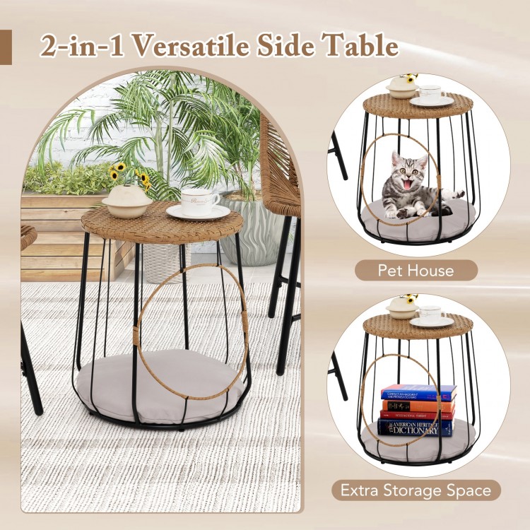 Versatile side table with rattan woven design, featuring a pet house and storage space, ideal for outdoor patio use.