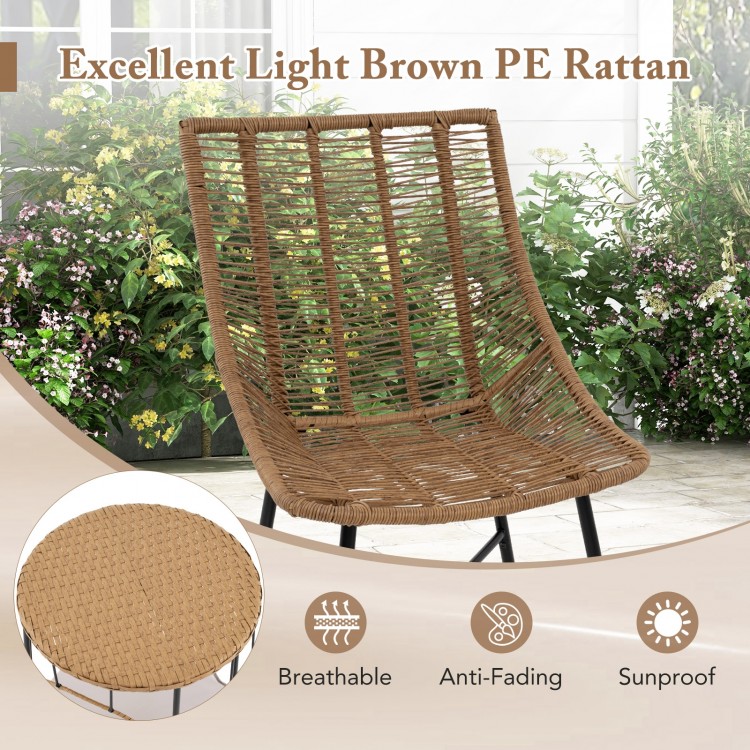 Light brown PE rattan chair with ergonomic design and removable cushion, perfect for outdoor patio relaxation.