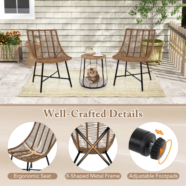 3-piece outdoor furniture set featuring ergonomic rattan chairs and a versatile side table, perfect for patio.