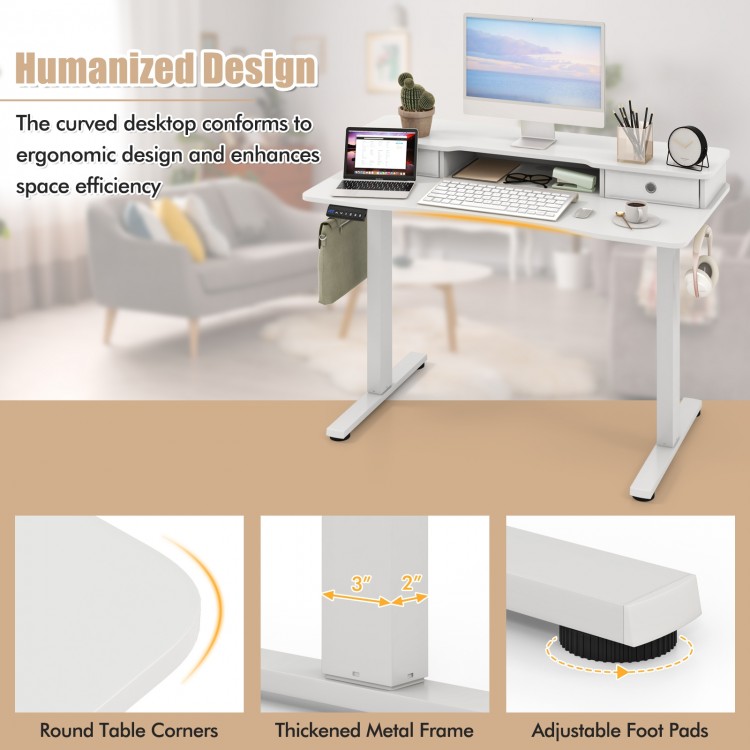 Height adjustable electric standing desk with ergonomic monitor stand, 2 drawers, and adjustable foot pads for.