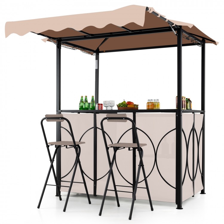 Outdoor BBQ canopy with double-tier roof, side awning, and two folding bar chairs for versatile outdoor use.