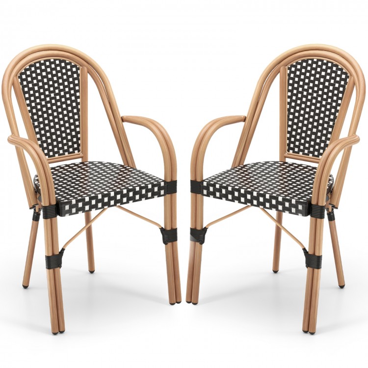 Hand-woven PE wicker outdoor French bistro chairs set of 2 in black with a wood-like frame for patio and backyard use.