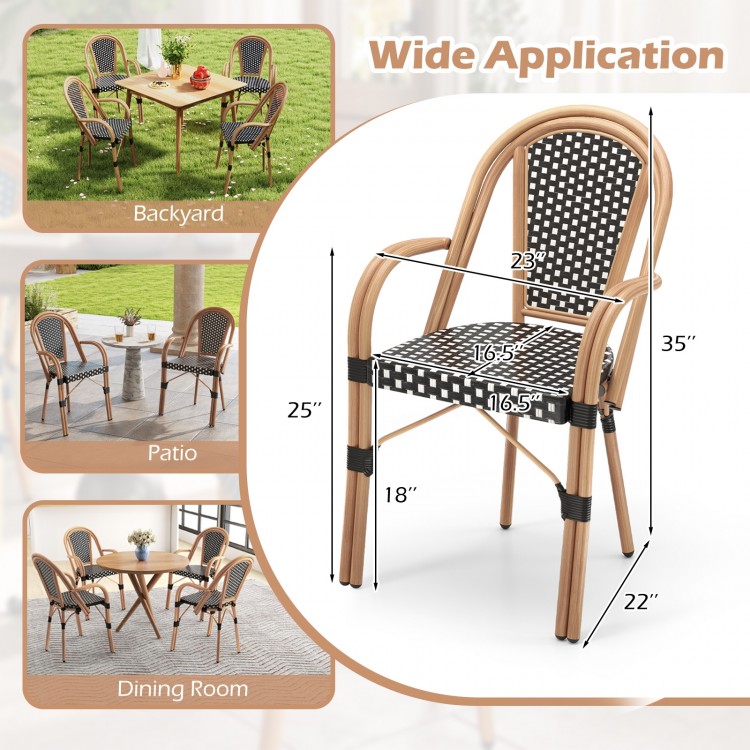Hand-woven PE wicker outdoor French bistro chair with wood-like frame, ideal for patio or backyard seating.