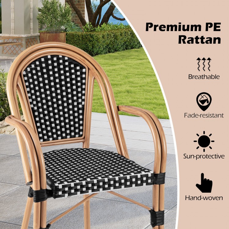 Hand-woven black PE rattan outdoor French bistro chair with wood-like frame, ideal for patio and backyard dining.