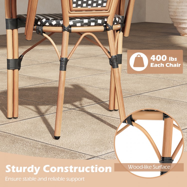 Hand-woven PE wicker outdoor French bistro chair with wood-like surface, sturdy construction, supports 400 lbs, ideal.