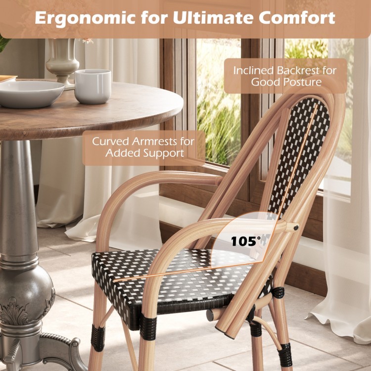 Hand-woven black PE wicker outdoor French bistro chair with curved armrests and 105° inclined backrest for comfort.