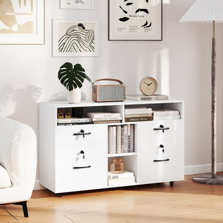 Modern white file cabinet with lock, featuring two drawers, adjustable shelves, and rolling casters for easy mobility.