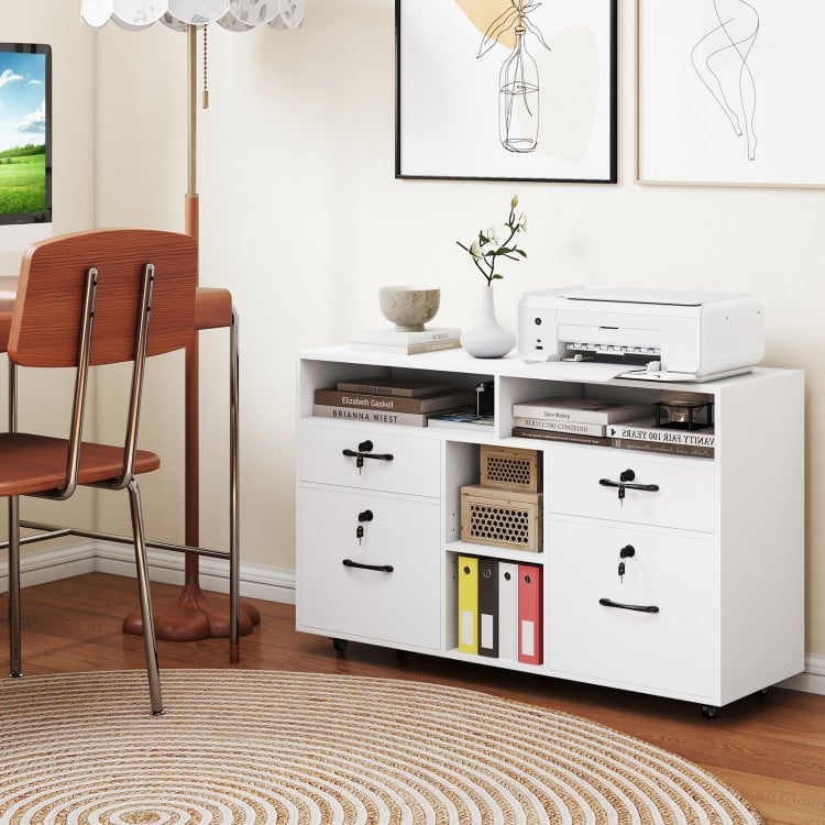 Mobile lateral filing storage organizer in white with lockable drawers, adjustable shelves, and rolling casters for.
