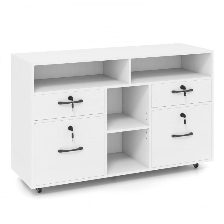 Mobile lateral filing storage organizer in white with lockable drawers and adjustable shelves for versatile office use.