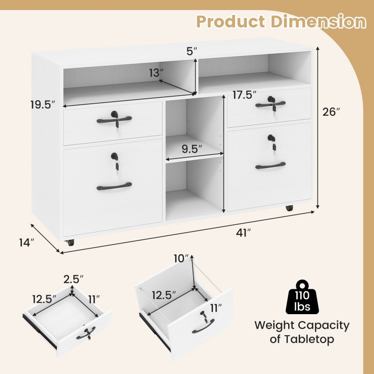 Mobile lateral filing cabinet in white with lockable drawers, adjustable shelves, and rolling casters for easy mobility.
