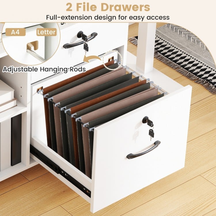 File cabinet with lock featuring two full-extension file drawers and adjustable hanging rods for A4/letter size files.